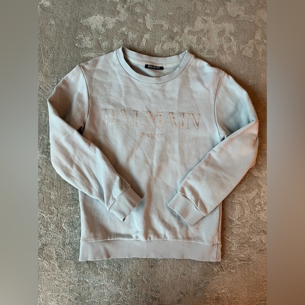 Girls Light Blue Balmain Paris Sweatshirt Crewneck with Silver Logo